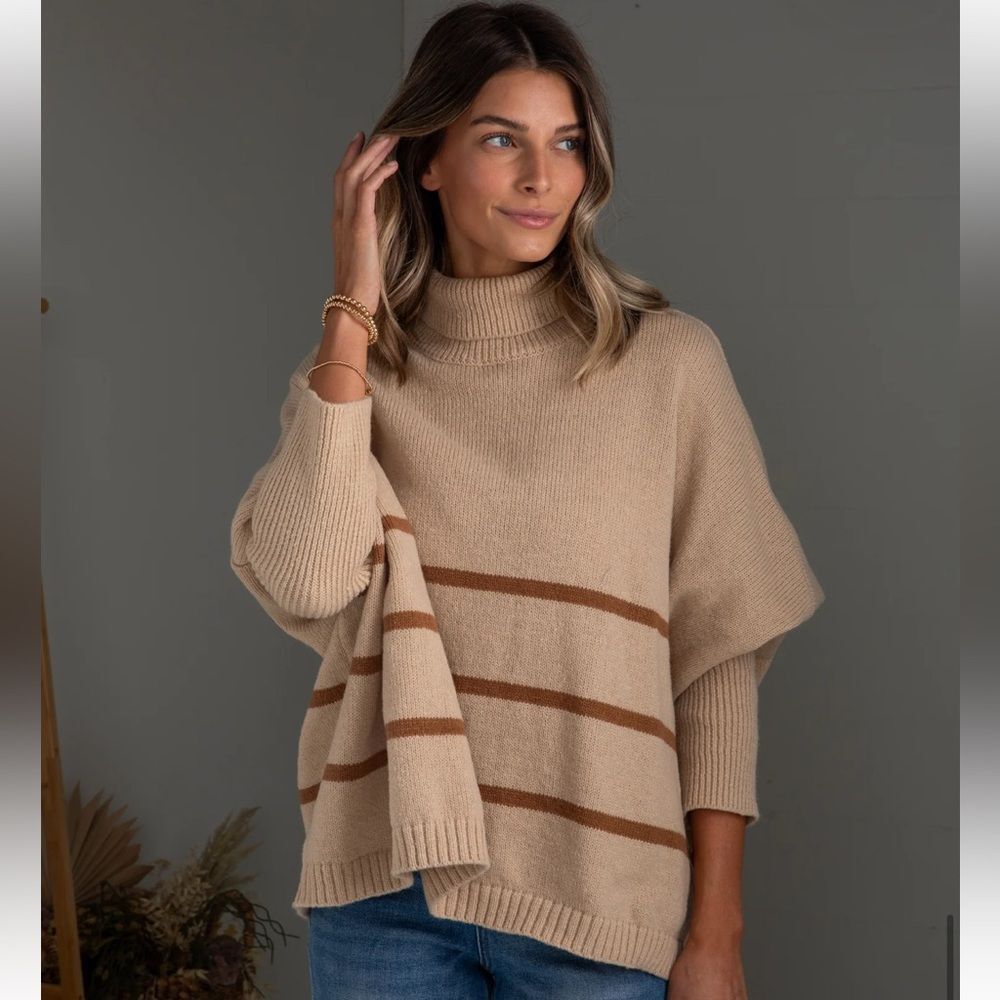 Dress Up Striped Beige Turtleneck Sweater